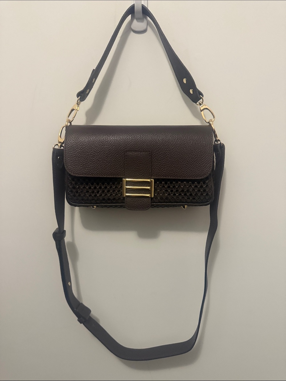 Women's Dark Brown Leather Crossbody Bag with Gold Accent